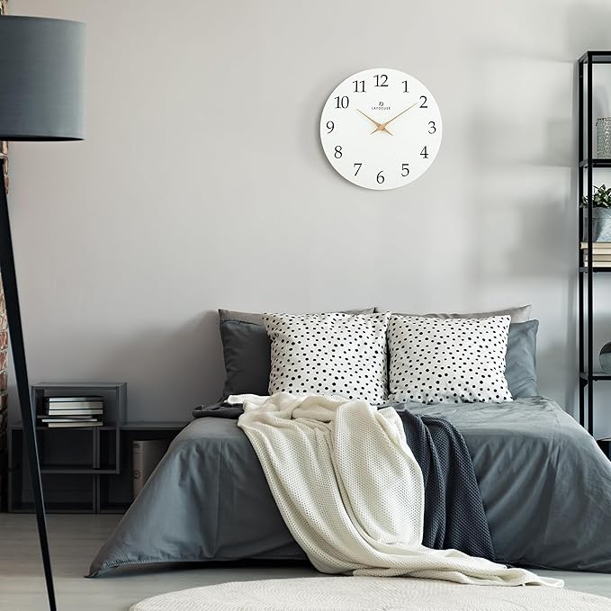 Lafocuse 12 Inch Silent White Wall Clock Battery Operated for Living Room Decor, Simple Minimalist Wooden Wall Clock for Kitchen Bedroom Office-Ruum Studio Home