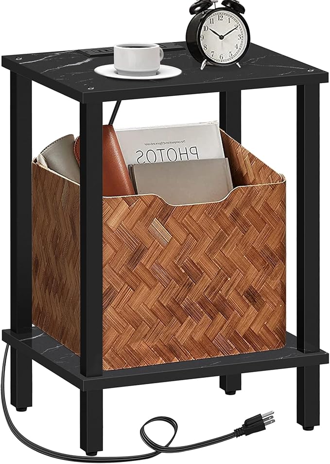 TUTOTAK End Table with Charging Station, Small Side Table, Nightstand Bedside Table, 2-Tier Storage Shelf for Small Space, Living Room, Bedroom, Marble Black TB01BMK040-Ruum Studio Home