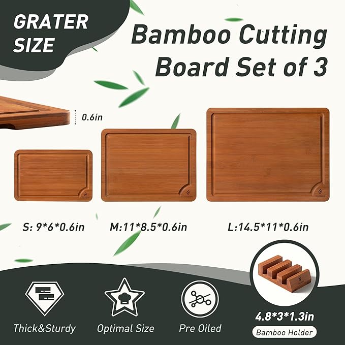 3 Packs Bamboo Cutting Board Set with Non Slip Feet Holder and Over Sink Nice Solid Thick Wood Juice Groove Chopping Board Extra Large Big Small Best Hardwood Kitchen Organic Vegetable Meat BBQ Kit-Ruum Studio Home
