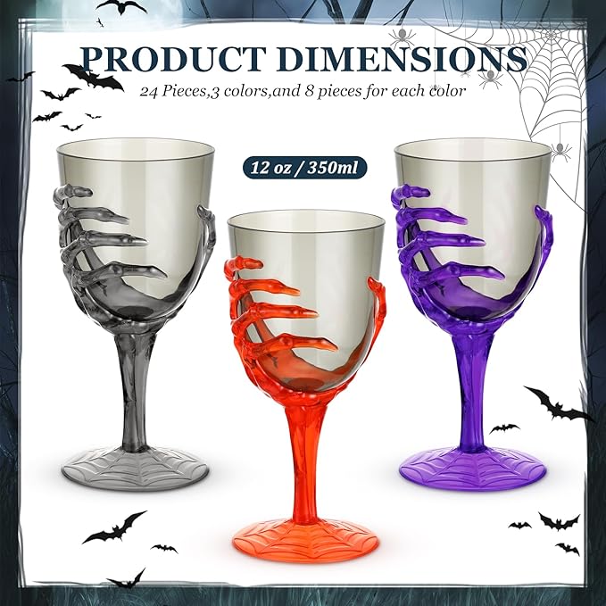 Dandat 24 Pcs Halloween Skeleton Hand Goblets 12oz Clear Plastic Halloween Cups Skull Wine Glass Set for Creepy Spooky Party Decorations(Black, Purple, Orange, Gray)-Ruum Studio Home