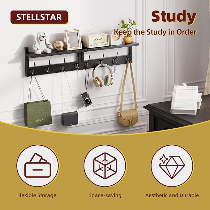 Coat Rack with Shelf, 2 Pack Bamboo Wall-Mounted Coat Hanger with 8 Hooks for Entryway, Hallway, Kitchen, Bathroom, Living Room, Utility Room (Black)-Ruum Studio Home
