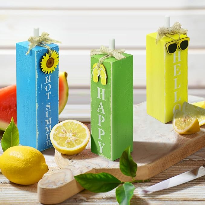 3 PCs Wooden Tiered Tray Decor Hello Happy Hot Summer Rustic Table Decor Block Signs for Beach Island Home Office Decorations (Summer-1)-Ruum Studio Home