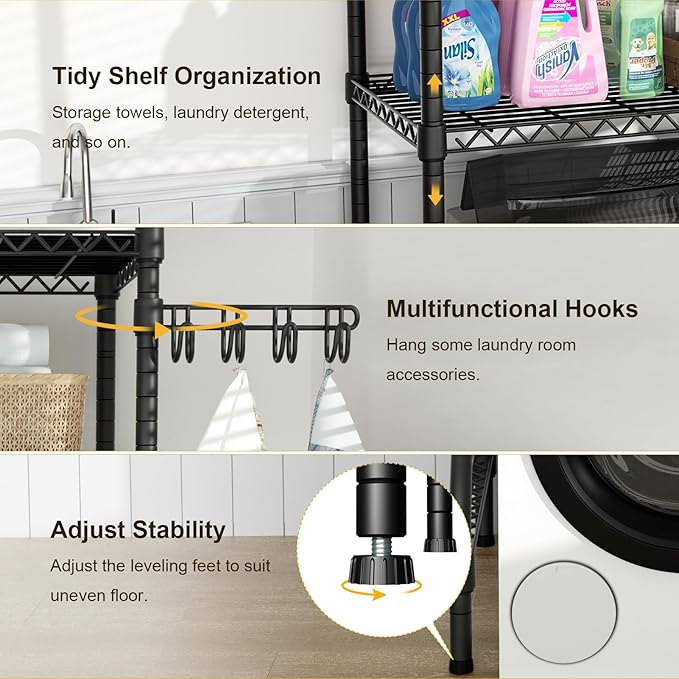 Ulif U8 Mini Laundry Room Storage Organizer, Over the Washer and Dryer Storage Shelves for Laundry Organization, 29.5”W x 17.3”D x 76.2”H, Suit Washing Machine Width within 27.1”, Hold 304 lb, Black-Ruum Studio Home