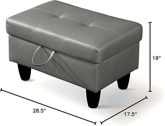Ottoman Rectangular Storage Ottoman Bench, Faux Leather Footrest, Coffee Table, Stool Footstool with Hinged Lid for Living Room, Bedroom, Entryway, Gray, 28.5"x19"x17.5"-Ruum Studio Home
