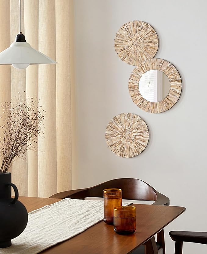 TEIPAI Boho Decorative Mirror for Living Room, 3PCS Handcrafted Mother of Pearl Mirror Wall Decor for Home Dorm Apartment Hallway Staircase, Mosaic Art Plates for Wedding Decoration (Dark Brown)-Ruum Studio Home