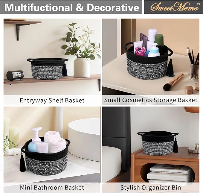 Empty Gift Basket Mini Woven Rope Organizer Baskets for Baby Shower, Vanity, Makeup Brushes, Bathroom, Shelves, Desk - Small Decorative Storage Bins - Set of 2, Pre-Shaped, Black Grey-Ruum Studio Home