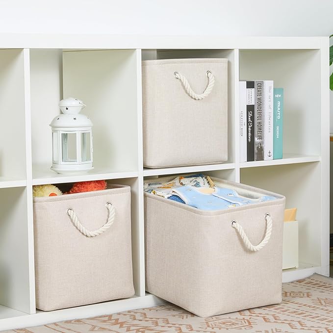Bidtakay Large Storage Baskets for Shelves 3 Pack Fabric Storage Bins for Organizing Linen Collapsible Organizer for Closet-Light Biege-Ruum Studio Home