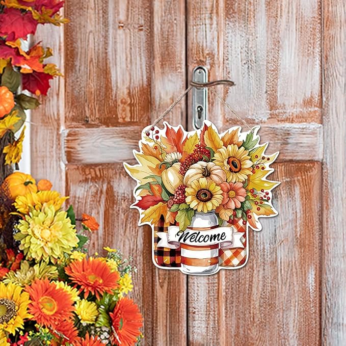 Thanksgiving Welcome Door Sign Pumpkin Hanging Decor Fall Wooden Sign Autumn Decorations, Outdoor Farmhouse Porch, Autumn Harvest Thanksgiving Home Decorations, Housewarming Gift-Ruum Studio Home