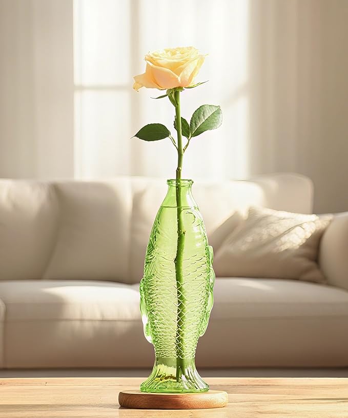 Nacome Fish Vase Glass Plant Terrarium with Wooden Stand,Plant Propagation Station for Home Office Hydroponics Desk Decoration,Unique Gardening Gifts for Plant Lovers Women Mom(Green)-Ruum Studio Home