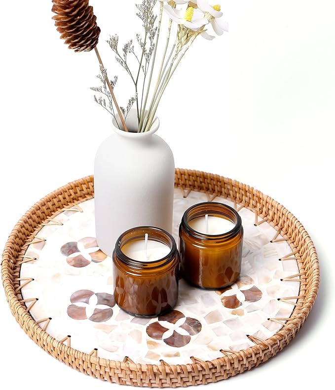 Round Rattan Tray with Mother of Pearl Inlay & Wooden Base - Decorative Wicker Serving Tray for Coffee/Bread/Fruits, Food Storage & Display - Multipurpose Home Decor (M,Four-Petal Flower)-Ruum Studio Home