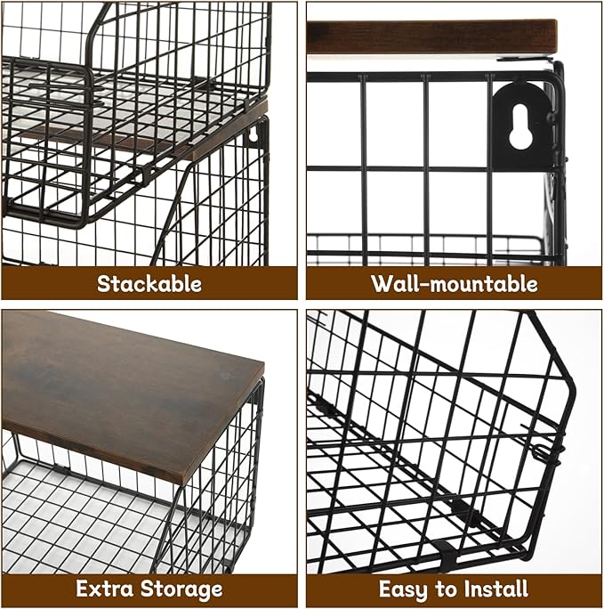CYEAH 2 Pcs Stackable Fruit Basket for Kitchen, Hanging Wall Fruit Basket with Wood Lid, Space Saving Wall Mounted Mesh Metal Wire Baskets, Kitchen Counter Organizer for Snack, Onion, Potato Storage-Ruum Studio Home