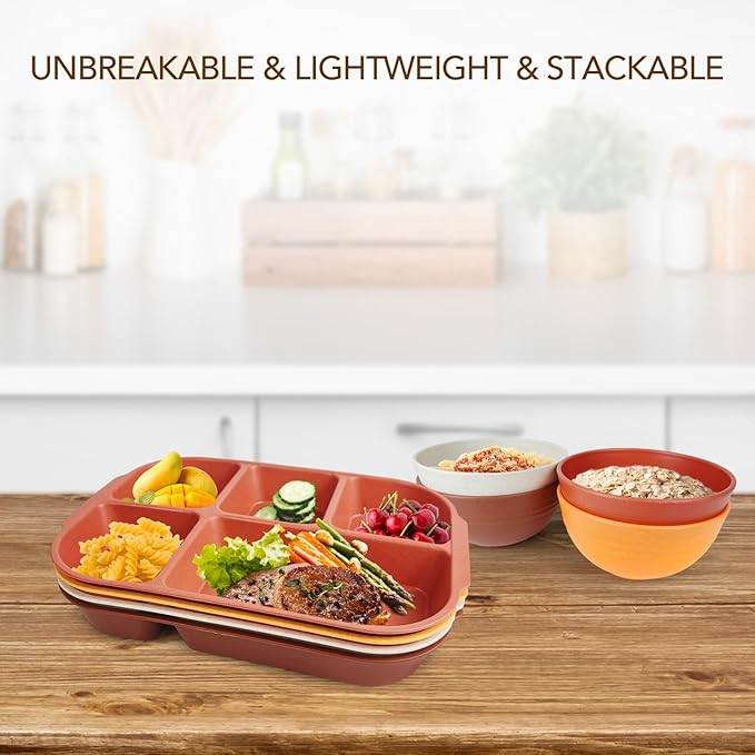 greenandlife 10.8 Inch 4PCS Divided Plates for Kids Adults, Portion Control Plates, Dishwasher & Microwave Safe Compartment Plate, Unbreakable Lightweight Reusable Wheat Straw Plates, Sunset-Ruum Studio Home