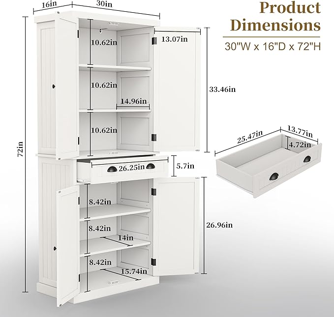 ARTPOWER 72" Tall Kitchen Pantry Storage Cabinet with Drawer and Adjustable Shelves, Pantry Cabinet for Kitchen, Bathroom or Hallway, White-Ruum Studio Home
