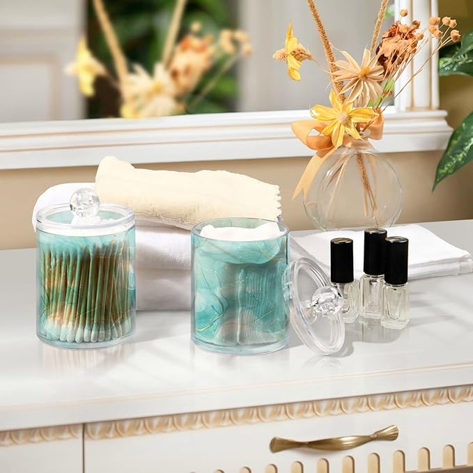 2 Pack Qtip Holder Dispenser Turquoise Marble Bathroom Storage Canister Lid Acrylic Plastic Apothecary Jar Set Vanity Makeup Organizer for Cotton Swabs/Pads/Floss-Ruum Studio Home