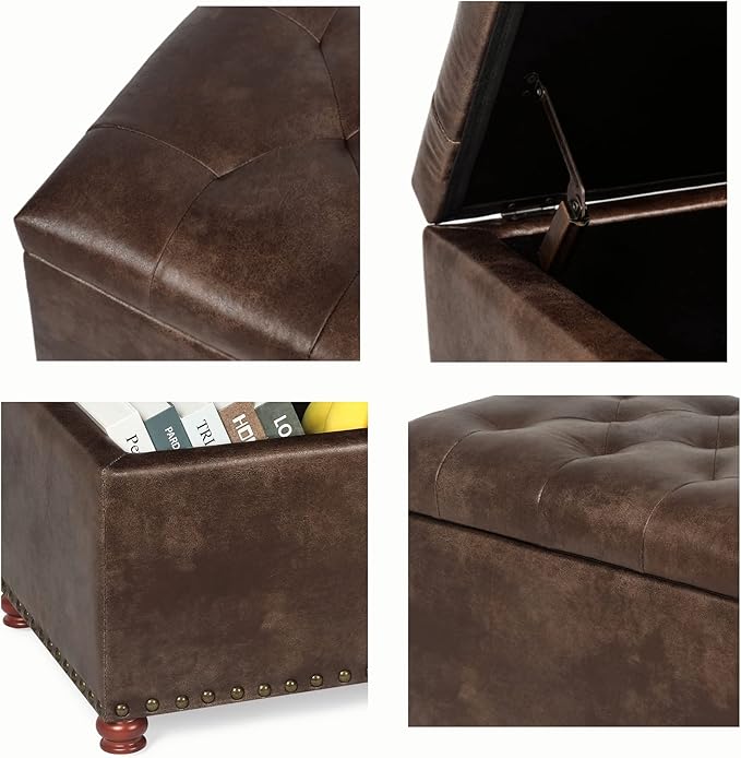 24'' Leather Ottoman with Storage Rectangle Foot Rest Ottomans Stool for Living Room(Brown,Leather Texture)-Ruum Studio Home