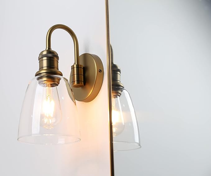 Yosoan 1-Light Brass Modern Vintage Indoor Wall Sconce, Vanity Single Luxury Hardwired Retro Textured Clear Oval Cone Glass Shade with Industrial Gooseneck Curved Rod Bathroom Lamp(Antique)-Ruum Studio Home