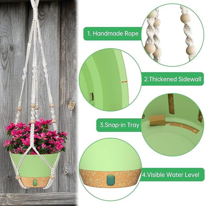 ZMTECH 2 Pack 10 Inch Hanging Planters with Macrame Plant Hanger for Indoor and Outdoor Plants, Self Watering, Drainage Hole, Visible Level Tray, Green-Ruum Studio Home