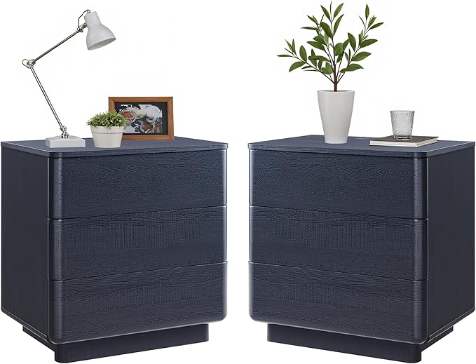 JXQTLINGMU 22" Modern Nightstand Set of 2 with Charging Station, Large Push-to-Open End Table, Wood Bedside Table, Curved Profile, Handleless 3 Drawer Night Stand for Bedroom, Living Room, Black-Ruum Studio Home