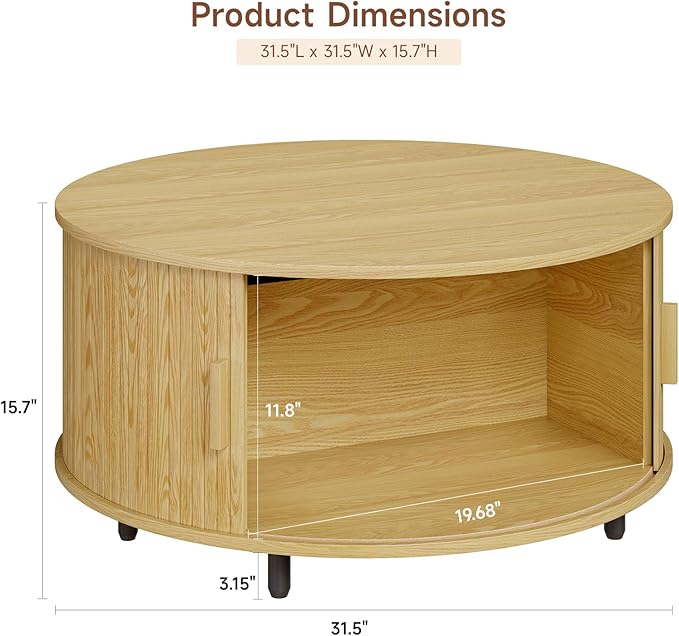 Round Coffee Table with Storage, 31.5" Modern Coffee Table with 360° Curved Sliding Door, Fluted Wood Accent Coffee Table with Adjustable Footpads, Round Center Table for Living Room, Oak-Ruum Studio Home