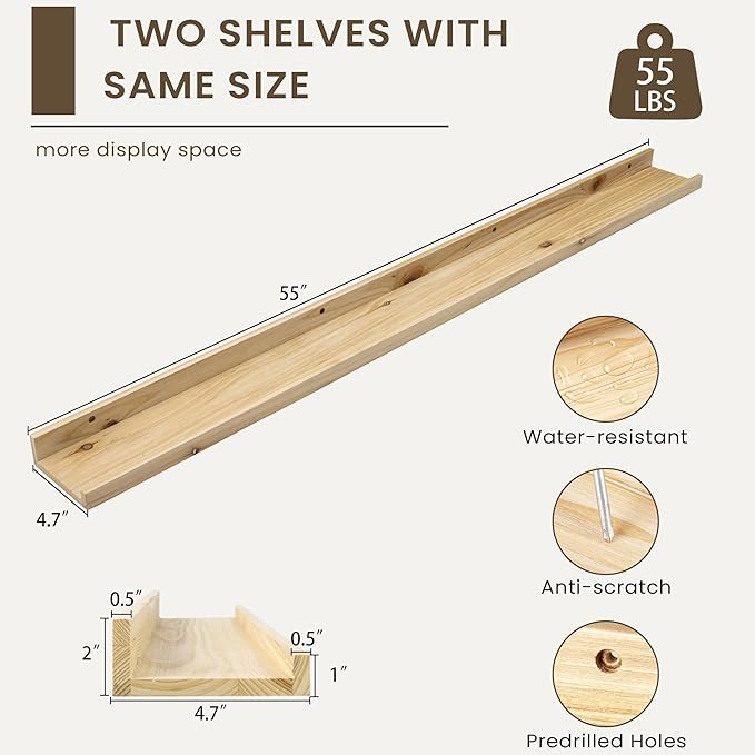Floating Shelves for Wall, Picture Ledge Shelf 55 Inch Solid Wood Set of 2, Rustic Wall Shelves with Lip, Kids Bookshelf, Photo & Picture Live Edge Floating Shelves for Bedroom, Living Room, Kitchen-Ruum Studio Home
