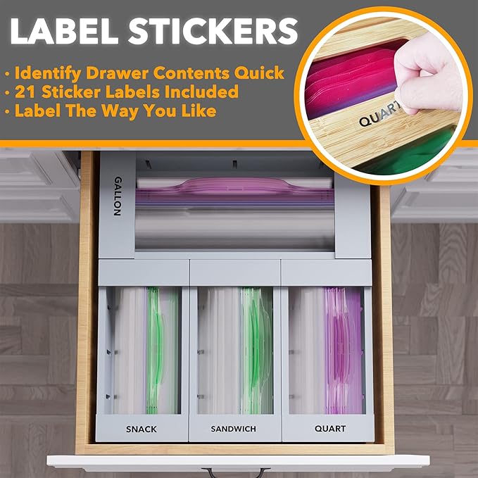 SpaceAid Bag Storage Organizer for Kitchen Drawer, Bamboo Organizer, Compatible with Gallon, Quart, Sandwich and Snack Variety Size Bag (4 Pack), Gray-Ruum Studio Home