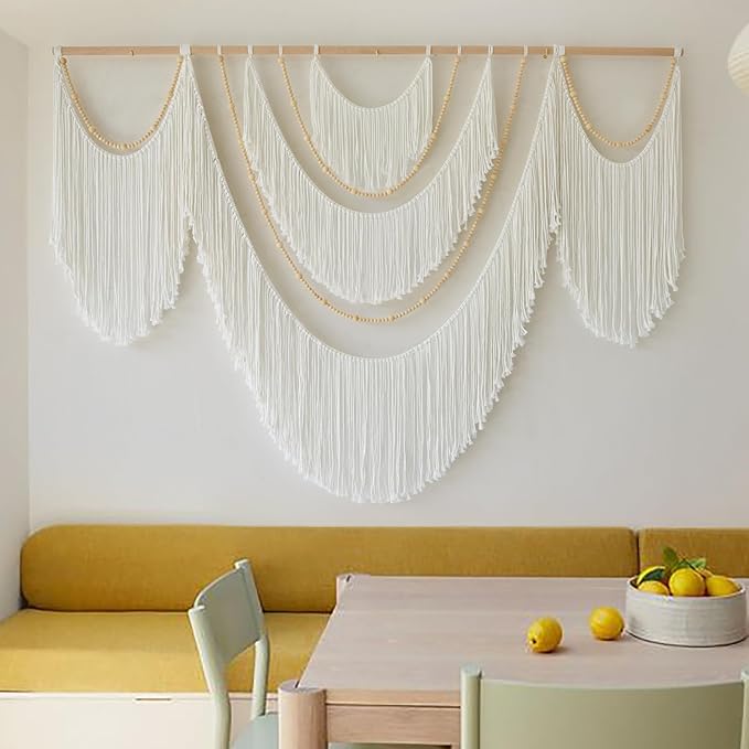 Flber Large Macrame Wall Hanging – Boho Yarn Art Garland with Tassels and Beads, Handmade Rope Decor for Nursery, Party, Wedding, Bedroom, Fireplace Mantel, or Photo Backdrop 57" W x 41" L-Ruum Studio Home