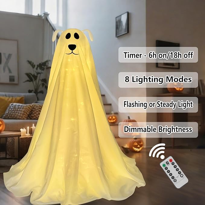 DAZONGE Halloween Decorations, Light-Up Freestanding Spooky Ghost Dog with Remote String Lights Battery Operated, Halloween Ghost Dog for Front Door Porch Yard Lawn Home Party-Ruum Studio Home