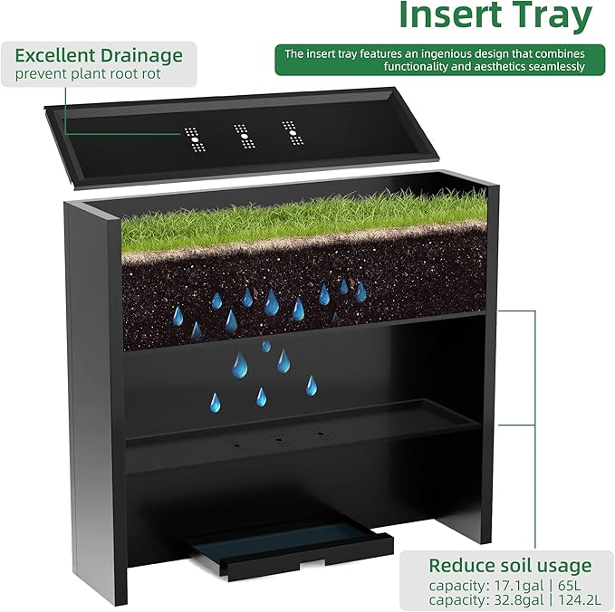 KOL Galvanized Steel Planter Box, with Insert Tray Drainage Holes, Rectangular Black Powder Coated Metal Planter, Outdoor Use, Heavy Duty Modern Flower Pot (Black, 36" H x 11" W x 32" L)-Ruum Studio Home