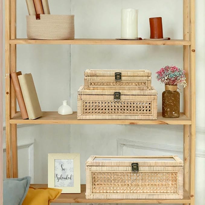 Rattan Decorative Boxes with Glass Lids, Set of 3 Sizes Boho Natural Hand-woven Cane Home Decor Organizers Storage Bins, Display Boxes Natural Finish-Ruum Studio Home