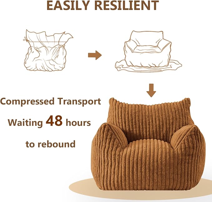 Giant Bean Bag Chairs for Adults Teens, Large Bean Bag Sofa Chairs with Filling Comfy Fuzzy BeanBag Chair with Armrests for Bedroom Living Room Reading (Brown, Large)-Ruum Studio Home