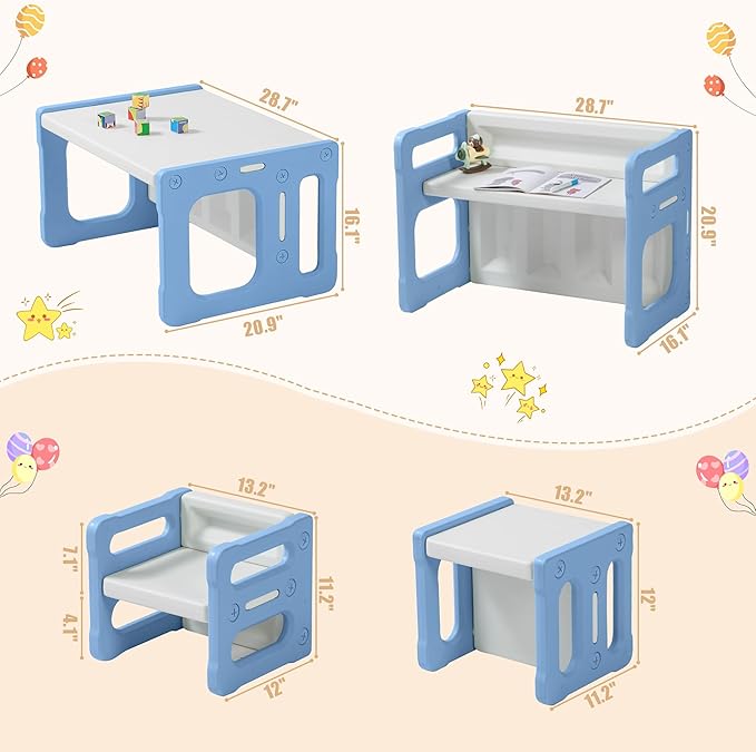 3 in 1 Montessori Weaning Table and 2 Chairs Set, Kids Activity Table Set, 2 Height Levels, Toddlers Activity Table for Drawing, Dining, Reading and Playing, Blue-Ruum Studio Home