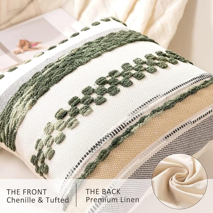 Boho Throw Pillow Covers 18x18 Set of 2 Christmas Decorative Cushion Case Striped Square Pillows Cover Chenille Pillow Cases Accent Neutral Pillowcase for Sofa Couch Bed,Dark Green-Ruum Studio Home