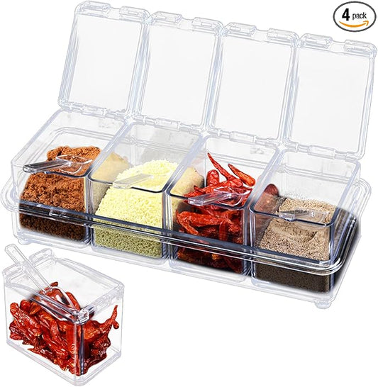 Clear Spice Containers, 4 Pieces Condiment Container with Lids for Salt Sugar, Acrylic Spice Rack Spice Container with Spoon-Ruum Studio Home