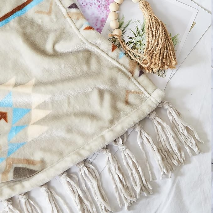 CASAAGUSTO Boho Throw Blanket - Green and Beige Decorative Blankets with Tassel, Printed Flannel Bohemian Blanket for Chair, Bed, Sofa, Couch(50 * 60, Green and Beige)-Ruum Studio Home