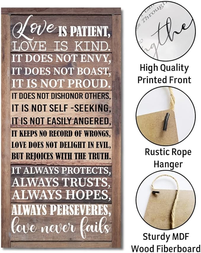 1 Corinthians 13:4-8 Inspirational Hanging Wood Decor Sign, Printed Wood Sign, Love is Patient, Love is Kind Quote, Hanging Bible Verses Woods Wall Signs, Rustic Home Decor Signs, Christian Gift-Ruum Studio Home