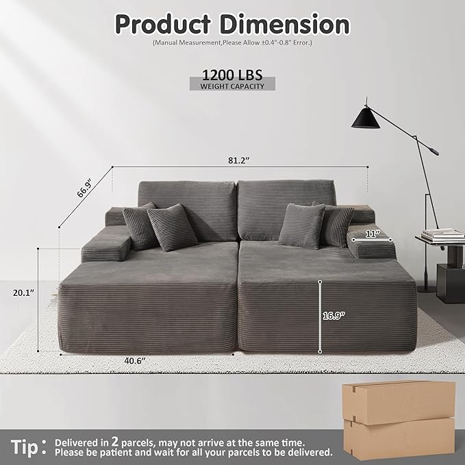 ovios 81" Oversized Sectional Double Lounge Chaise with Cloud Plush Sofa Bed, No Assembly Required, Fluffy Modern Sleeper Loveseat Chair for Indoor Living Room Bedroom Reading, Grey (Corduroy Fabric)-Ruum Studio Home