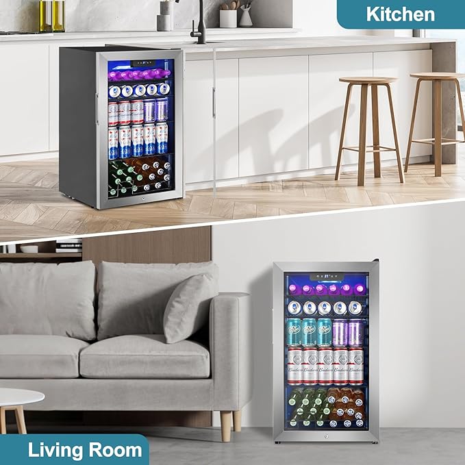 128 Cans Beverage Refrigerator Cooler, 3.2 Cu.Ft Mini Drink Fridge Glass Door for Drink Beer Soda Wine, Beer Fridge with 4 Removable Shelves for Kitchen Bedroom, Office Bar Gaming Room,Stainless Steel-Ruum Studio Home