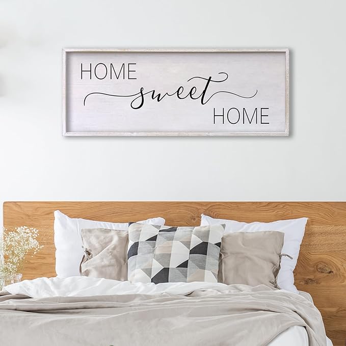 Home Sweet Home Sign Wall Decor 40"x15" Above Bed Living Room Large Wooden Framed Family Plaques Art (White)-Ruum Studio Home