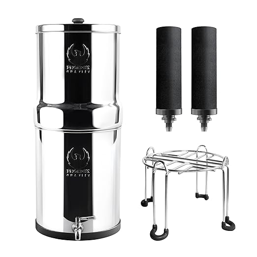 Gravity Water Filter System - 1.5 Gallons NSF Certified AISI 304 Stainless Steel Water Filter with 2 Smart (Black) Carbon Filter Elements & Free Stainless Steel Stand and Spigot (1.5G)-Ruum Studio Home