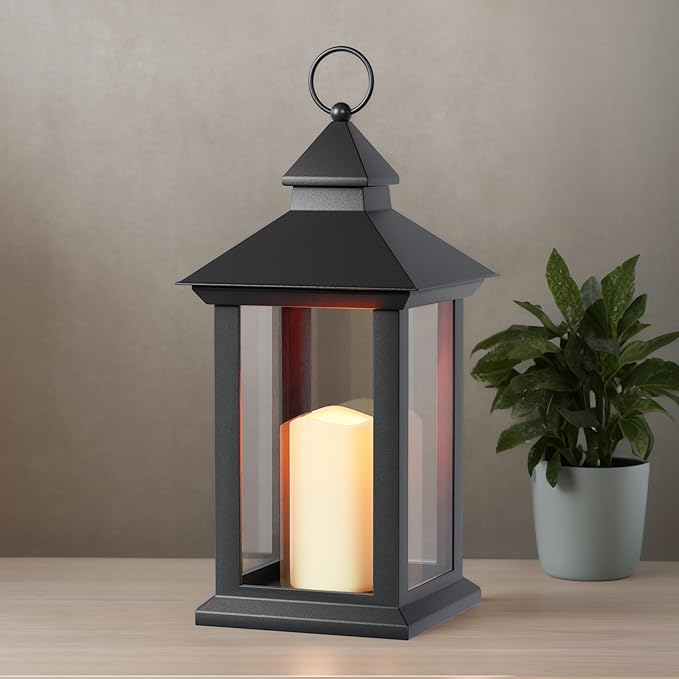 Lanterns Decorative Indoor, 1 Pack Black Outdoor Lantern with Timer, 14" Lantern Waterproof with Battery Operated Candle, Outdoor Hanging Lanterns for Porch, Patio, Wedding Decor-Ruum Studio Home