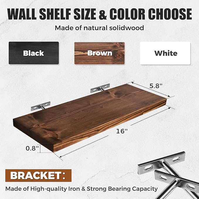 Floating Wall Shelves 2-Pack - Rustic Brown 16-inch Wooden Wall Shelves for Storage and Décor, Multi-Functional and Easy to Install for Living Room, Bedroom, and Kitchen-Ruum Studio Home