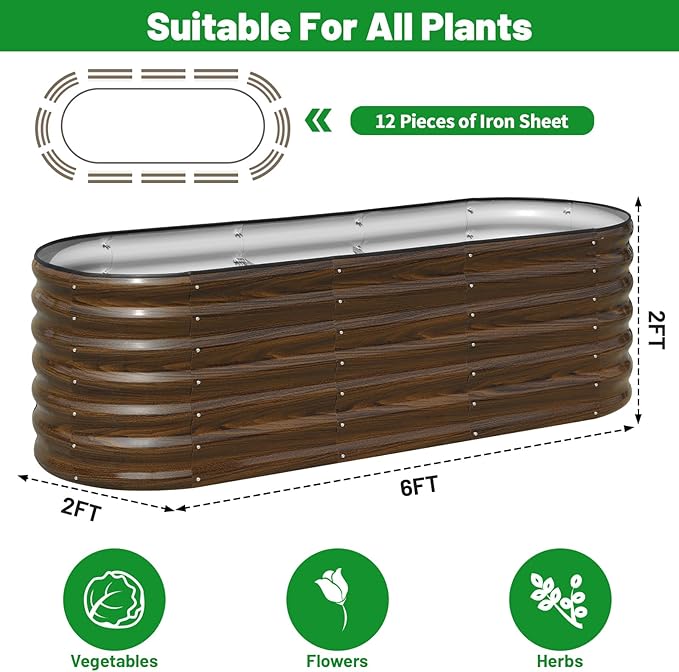 SnugNiture Galvanized Steel Raised Garden Bed, 6x2x2 ft, Outdoor Oval Deep Root Planter Box for Growing Vegetables, Flowers and Fruits-Ruum Studio Home