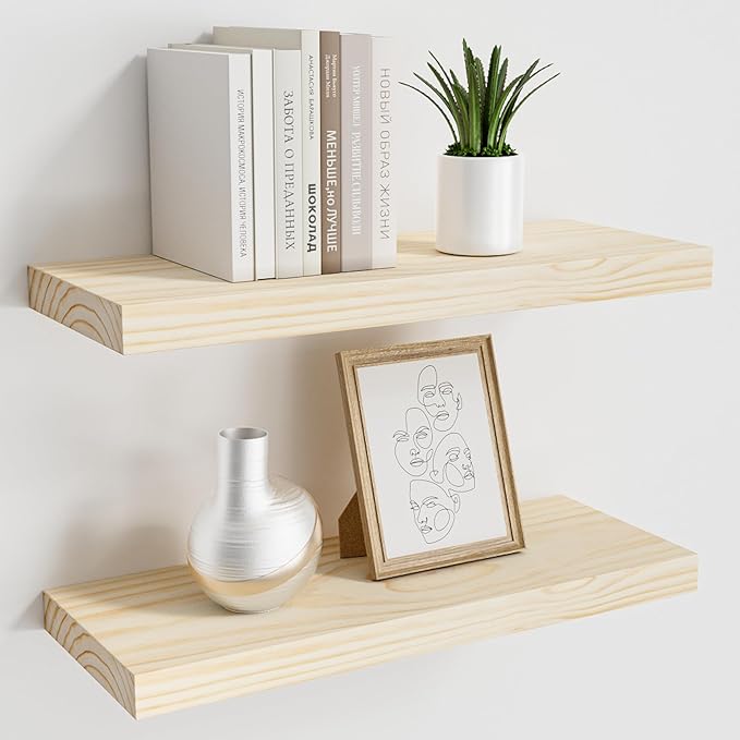 Natural Wood Floating Shelves 16”x 8”x 1.4” Book Shelf Floating for Wall Mounted, Heavy Duty Shelf Hold 35 lbs, Unfinished Wall Shelves for Bathroom, Living Room, Kitchen, Bedroom, Office-Ruum Studio Home