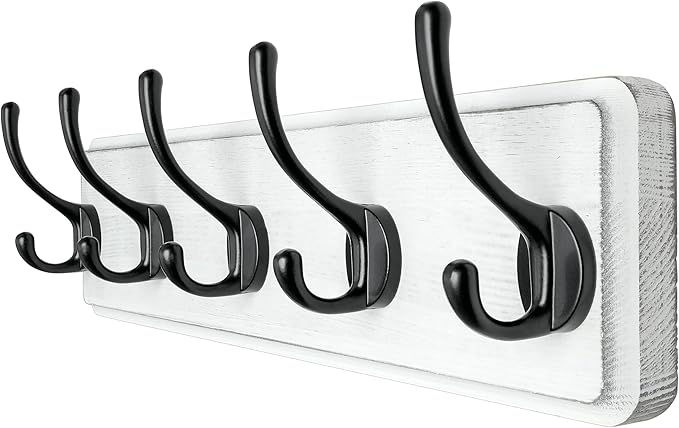 Dseap Coat Rack Wall: Patented, Heavy-duty, 17.4" Long 5-double-hooks Wooden Wall Mounted Coat Rack Coat Hanger Hook Rail for Winter Coats Hat Jacket Clothing, White & Black-Ruum Studio Home