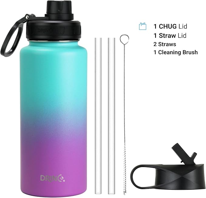 DRINCO Stainless Steel Water Bottle Spout Lid Vacuum Insulated Double Wall Water Bottle Wide Mouth (40oz 32oz 22oz 18oz 14oz) Leak Proof Keeps Cold or Hot (32 oz, 32oz Ombre Fuchsia Teal)-Ruum Studio Home