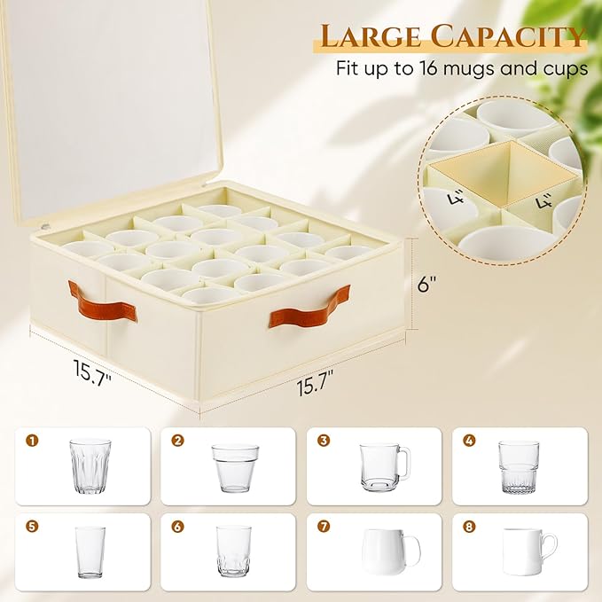 2 Pack Cup and Mug Storage Box with Dividers and Hard Shell, Stackable Coffee Cup Storage Organizer with Lid, Zipper, and Handles for Coffee Mugs, Cups, Glasses, Stemware Storage Containers for Moving-Ruum Studio Home