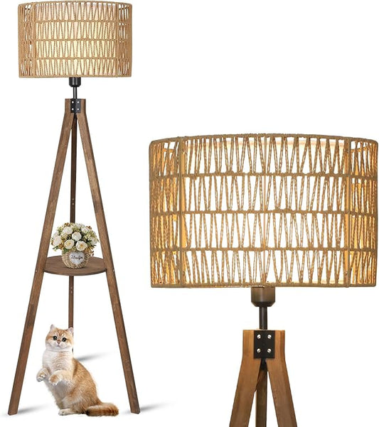 Boho Tripod Floor Lamps for Living Room, Rattan Wood Floor Lamp with Fabric Shades, Mid Century Standing Lamp with Shelf, Foot Switch, Modern Farmhouse Tall Lamps for Bedroom Office Brown-Ruum Studio Home
