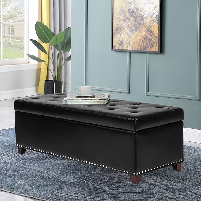 Joveco 47 Inch Storage Ottoman Bench,Tufted Leather Storage Bench with Nailhead Trim for Bedroom (47”,Black)-Ruum Studio Home