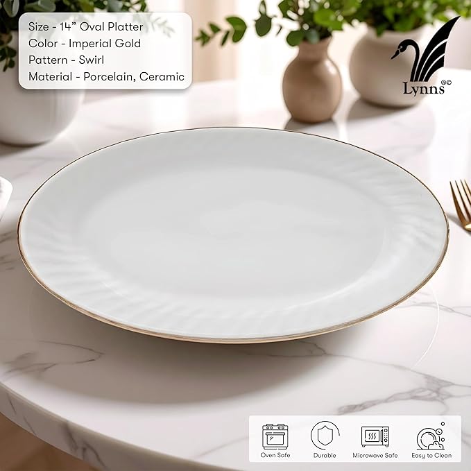 Lynns Paradise Imperial Gold 14-Inch Oval Platter, Set of 2, White; Heavy Duty; Chip Resistant; Lead and Cadmium Free; Freezer to Oven Safe up to 500°F-Ruum Studio Home