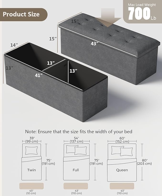 Storage Ottoman Bench, Folding Ottoman Foot Rest, 15 x 43 x 15 Inches, End of Bed Bench, Storage Chest, for Living Room, Bedroom, Hallway, Entryway, Holds up to 700 lb,Dark Gray-Ruum Studio Home